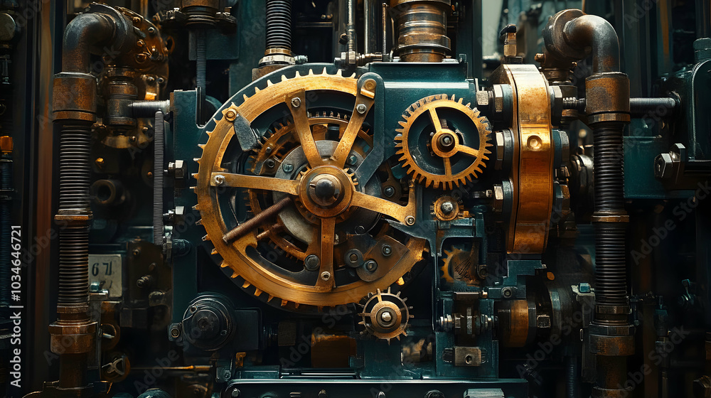 Close-up View of a Complex Industrial Machine with Intricate Gears and Pipes, showcasing the intricate workings of a powerful engine. Close-up View of a Complex Industrial Machine with Intricate Gears and Pipes, showcasing the intricate workings of a powerful engine.