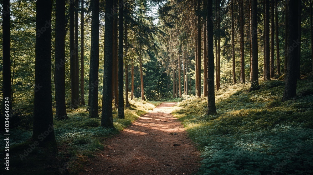 Obraz premium Sunlight filters through dense trees along a serene forest path in the early morning, creating a peaceful atmosphere