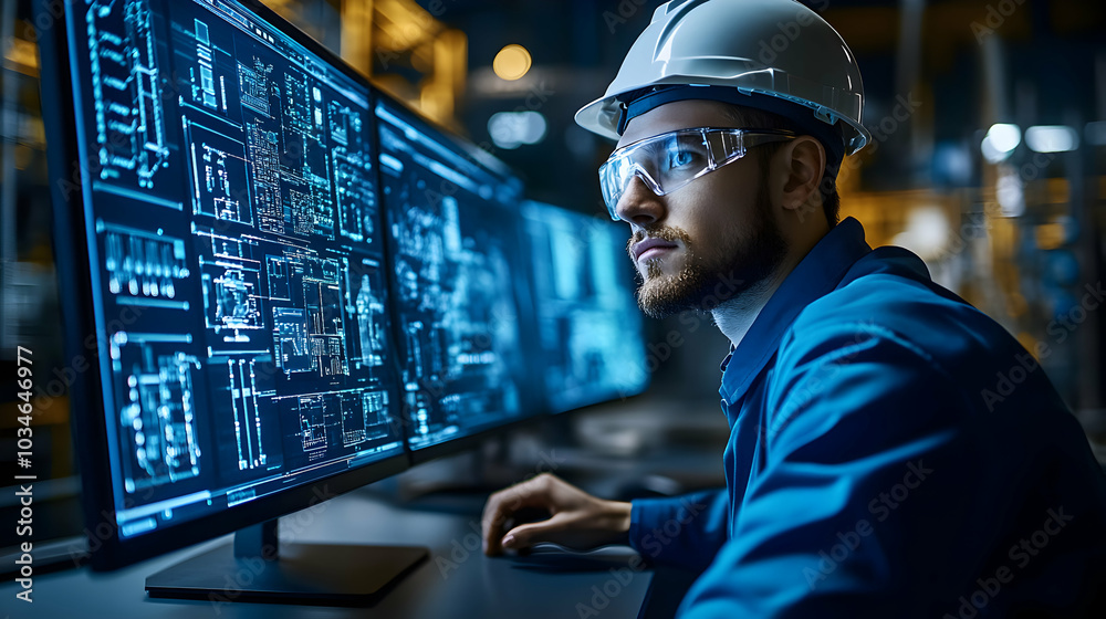 A Worker in a Blue Uniform Wearing Safety Glasses and a Hard Hat Works on a Computer with a Blue Screen Displaying a Complex Diagram A Worker in a Blue Uniform Wearing Safety Glasses and a Hard Hat Works on a Computer with a Blue Screen Displaying a Complex Diagram