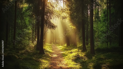 Sunlight filters through dense trees along a serene forest path in the early morning, creating a peaceful atmosphere