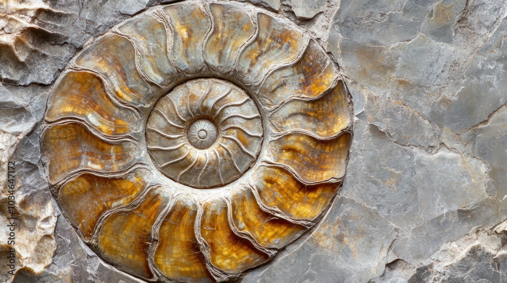A close-up view of a fossilized ammonite shell preserved in stone, revealing its intricate spiral patterns. A close-up view of a fossilized ammonite shell preserved in stone, revealing its intricate spiral patterns.