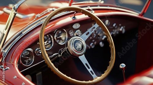 Classic vintage car interior with a shiny steering wheel and dashboard displayed at a classic car show during the afternoon