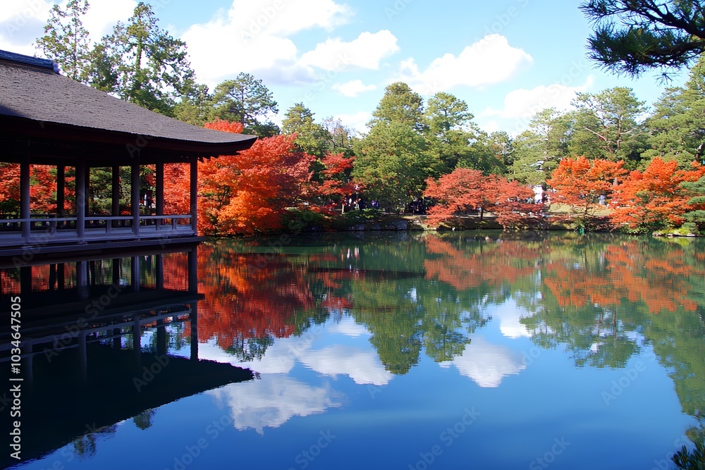 Japanese Garden Pond with Red Autumn Leaves and Pavilion Reflection Japanese Garden Pond with Red Autumn Leaves and Pavilion Reflection