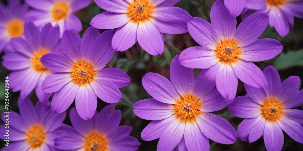 Close Up of Vibrant Purple Daisies in Full Bloom Capturing Their Petal Details and Bright Colors. Close Up of Vibrant Purple Daisies in Full Bloom Capturing Their Petal Details and Bright Colors.