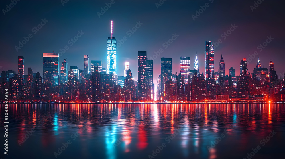 Fototapeta premium Nighttime Cityscape with Brightly Lit Buildings Reflected in Calm Water