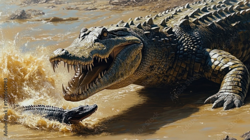 Obraz premium A giant, predatory crocodile attacking a smaller reptile along the edge of a prehistoric river.