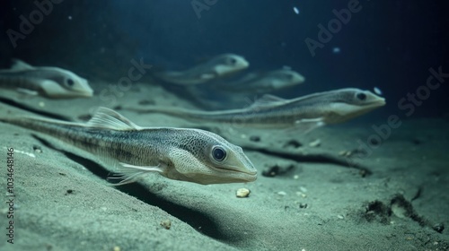 A group of early jawless fish species swimming along the ocean floor in prehistoric seas. photo