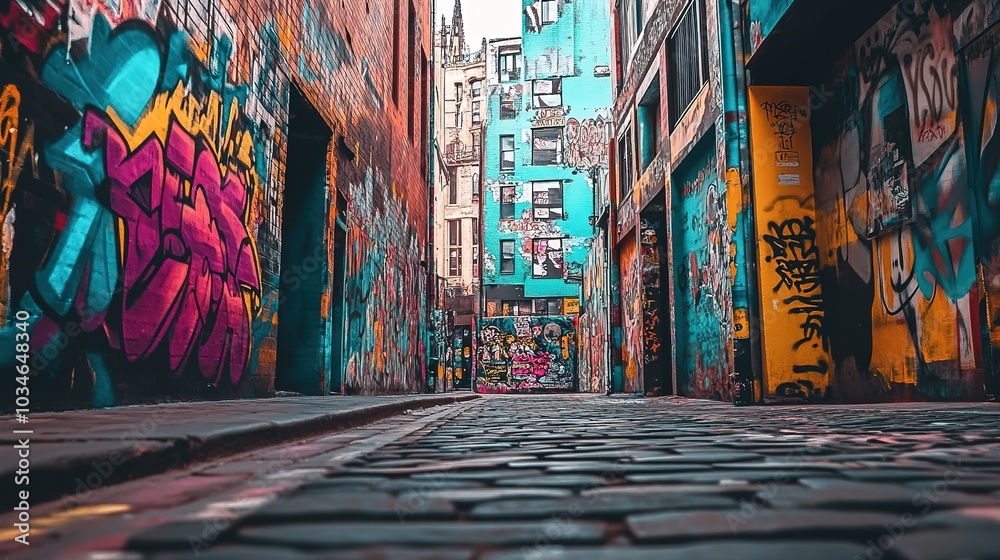 Fototapeta premium A skater maneuvers through a vibrant graffiti-filled park in the evening glow of urban lights