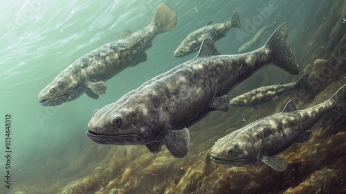 A group of lungfish from the Devonian period swimming near the surface of a prehistoric ocean. photo