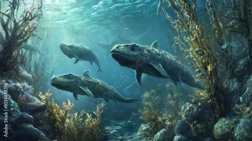 A group of ichthyosaurs swimming through an underwater forest of marine plants in a primeval sea.