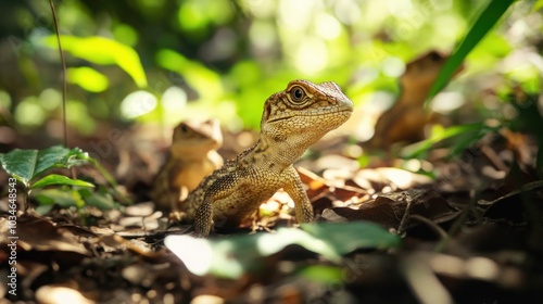 A group of small, agile land reptiles darting through the dense undergrowth of a primeval forest.