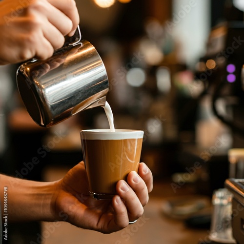 Barista making coffee behind the counter at a busy café