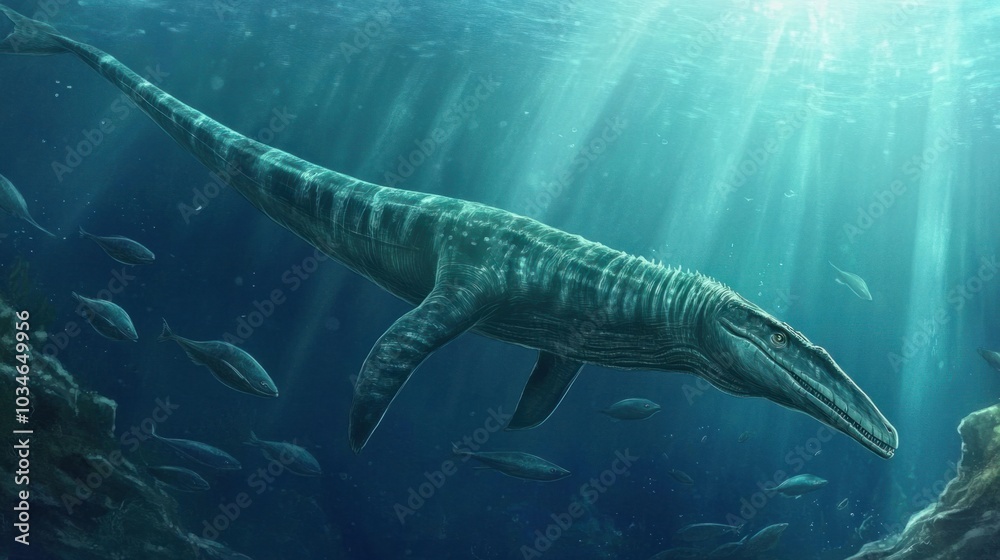Naklejka premium A plesiosaur swimming gracefully through the deep waters of a Jurassic ocean, surrounded by fish.