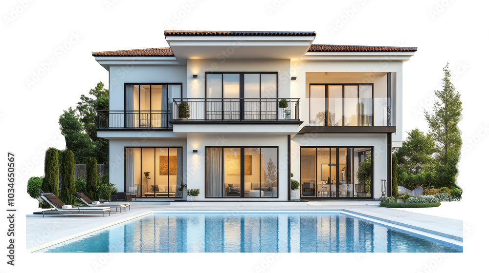 Luxurious suburban house with swimming pool, featuring modern exterior and elegant design. property showcases large windows, spacious patio, and beautifully landscaped surroundings Luxurious suburban house with swimming pool, featuring modern exterior and elegant design. property showcases large windows, spacious patio, and beautifully landscaped surroundings