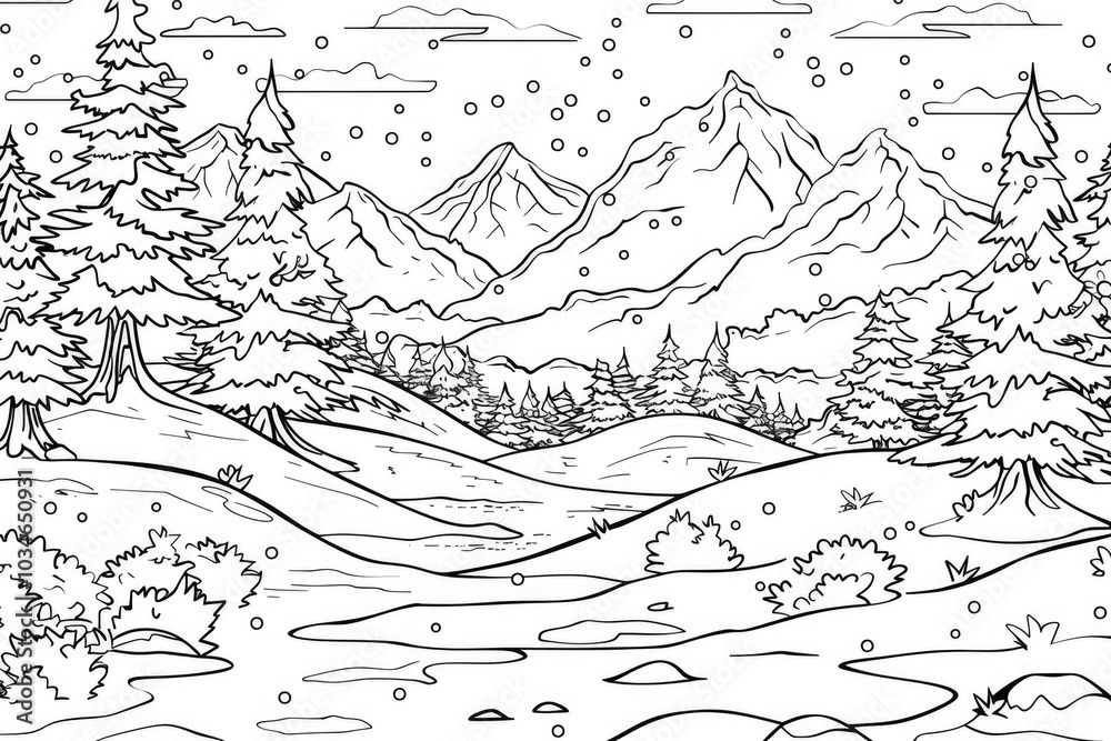 Coloring book illustration of a snowy landscape with mountains and trees Coloring book illustration of a snowy landscape with mountains and trees