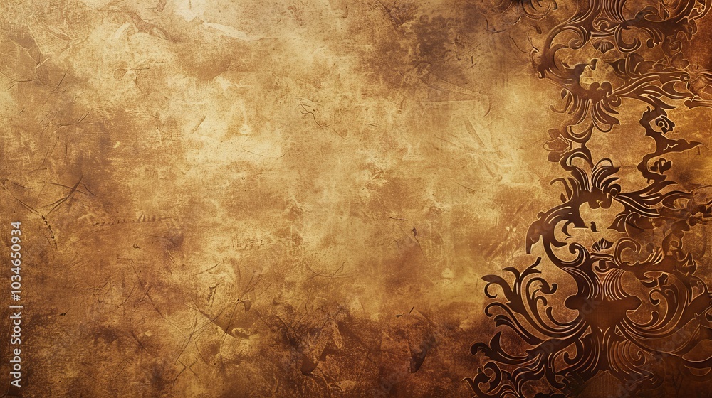Fototapeta premium Grunge background with ornate floral design in brown tones.