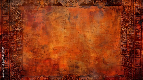 Intricate Mayan-inspired carvings frame an aged, orange background.