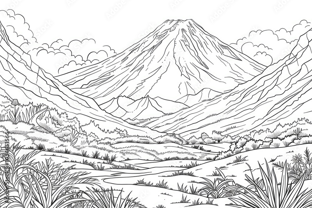 Coloring book illustration of a majestic snow capped mountain peak surrounded by serene meadows and natural beauty Coloring book illustration of a majestic snow capped mountain peak surrounded by serene meadows and natural beauty