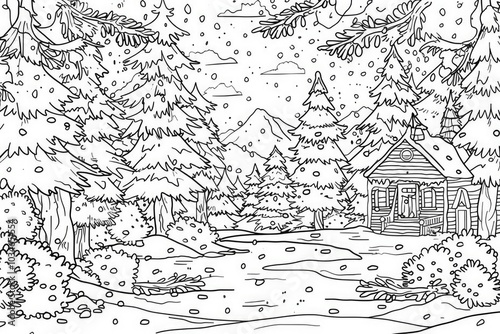 Coloring book illustration of a winter outdoor forest adventure