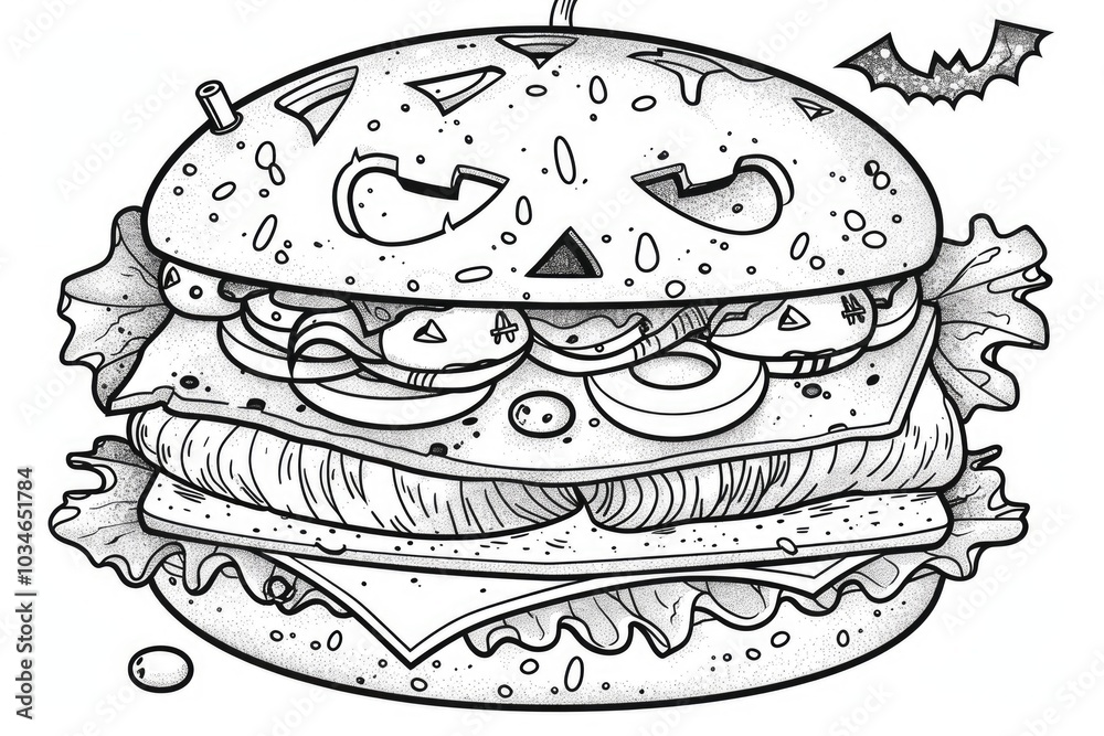 Coloring book illustration of a Halloween themed monster sandwich featuring bun bread salty salmon lettuce leaves cheese and olives Fun food idea for Halloween Coloring book illustration of a Halloween themed monster sandwich featuring bun bread salty salmon lettuce leaves cheese and olives Fun food idea for Halloween