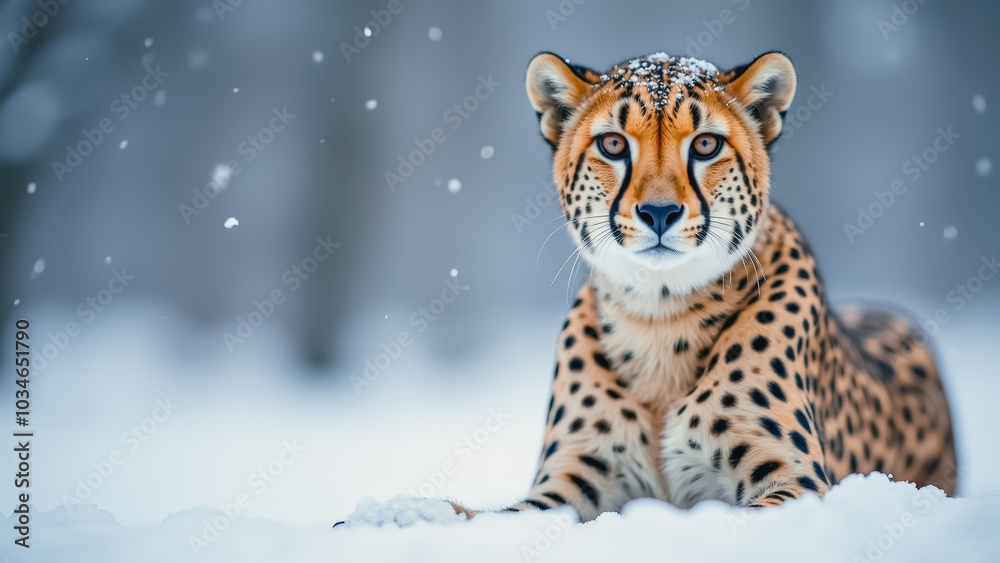 Elegant cheetah resting in a snowy landscape - wildlife photography Elegant cheetah resting in a snowy landscape - wildlife photography