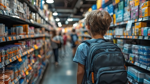 busy school supply store with kids and parents shopping shelves filled with colorful school supplies.stock image