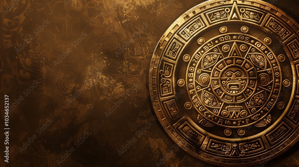Naklejka premium A close-up of an ornate Aztec calendar, its intricate details and rich golden hue creating a sense of mystery and ancient wisdom.
