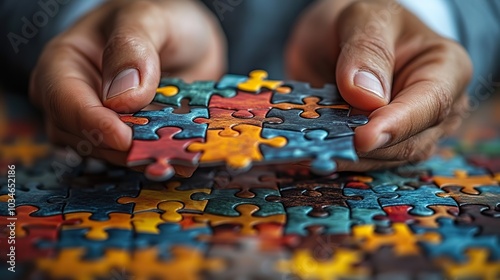 close up of businessmans hands assembling jigsaw puzzle pieces symbolizing an environmental strategy concept the image conveys teamwork problem solving and strategic planning.illustration