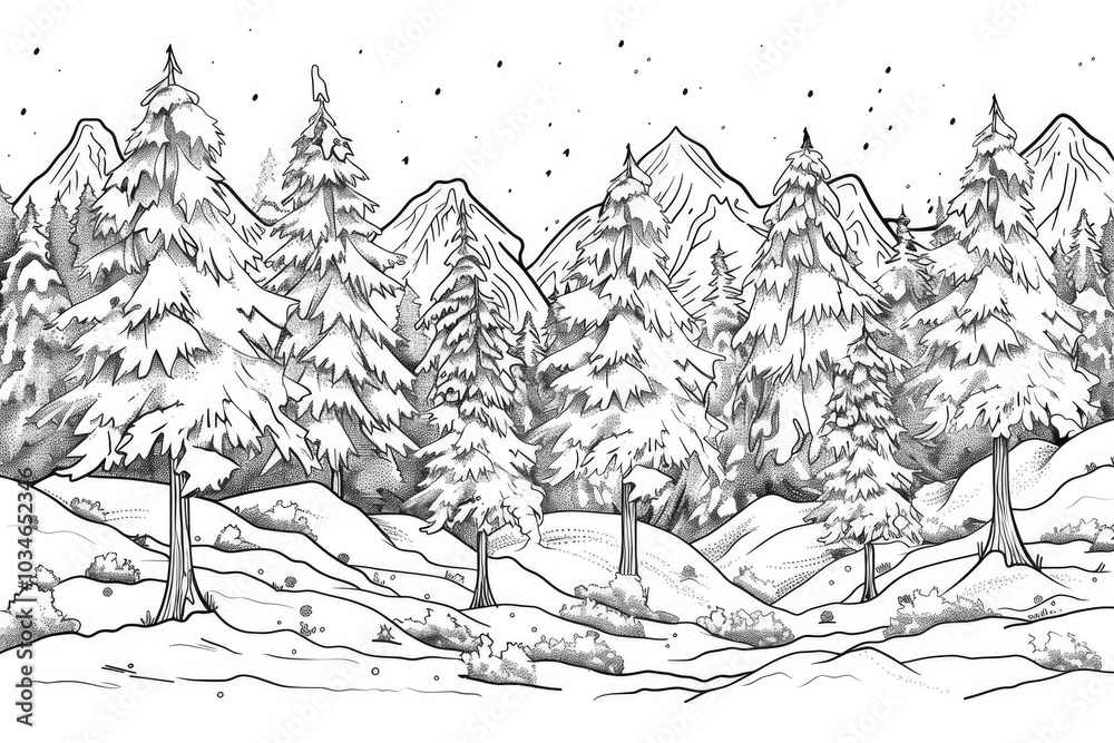 Obraz premium Coloring book illustration of a mountain landscape featuring a winter fairytale scene with snow covered trees