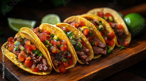 Closeup of organic beef tacos with fresh salsa, cilantro, and a squeeze of lime, arranged neatly on a wooden platter, organic beef tacos, MexicanAmerican fusion photo