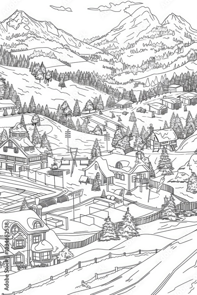 Coloring book illustration of a scenic winter village with sports venues and mountain landscapes Coloring book illustration of a scenic winter village with sports venues and mountain landscapes