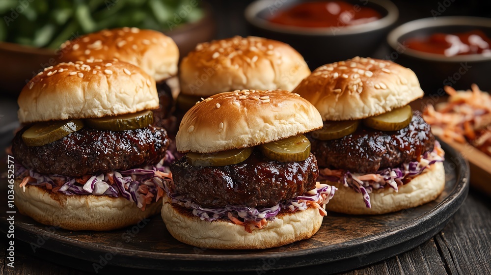 Organic beef BBQ sliders with pickles and coleslaw, served on mini brioche buns, organic beef sliders, party food