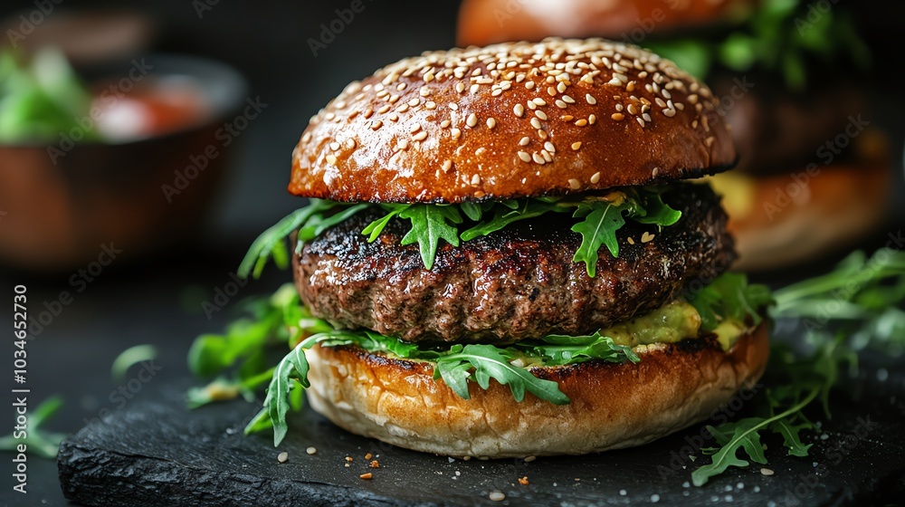 Organic beef burger with avocado, arugula, and spicy aioli on a toasted sesame seed bun, organic beef burger, gourmet twist Organic beef burger with avocado, arugula, and spicy aioli on a toasted sesame seed bun, organic beef burger, gourmet twist