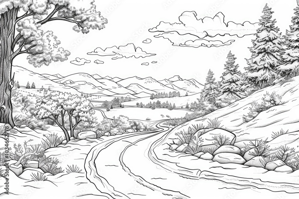 Coloring book illustration of a snow covered road winding through a tranquil winter landscape Coloring book illustration of a snow covered road winding through a tranquil winter landscape