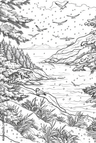 Coloring book illustration of a winter seaside landscape with birds