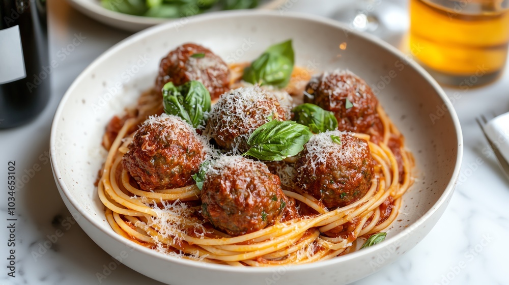 Organic beef meatballs with spaghetti, marinara sauce, and fresh basil, served on a white plate with parmesan cheese, organic beef meatballs, ItalianAmerican classic Organic beef meatballs with spaghetti, marinara sauce, and fresh basil, served on a white plate with parmesan cheese, organic beef meatballs, ItalianAmerican classic