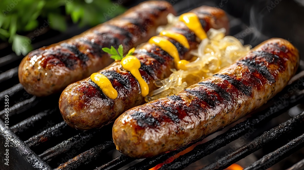Organic beef sausage links on a grill with char marks, served with mustard and sauerkraut, organic beef sausage, BBQ essentials Organic beef sausage links on a grill with char marks, served with mustard and sauerkraut, organic beef sausage, BBQ essentials