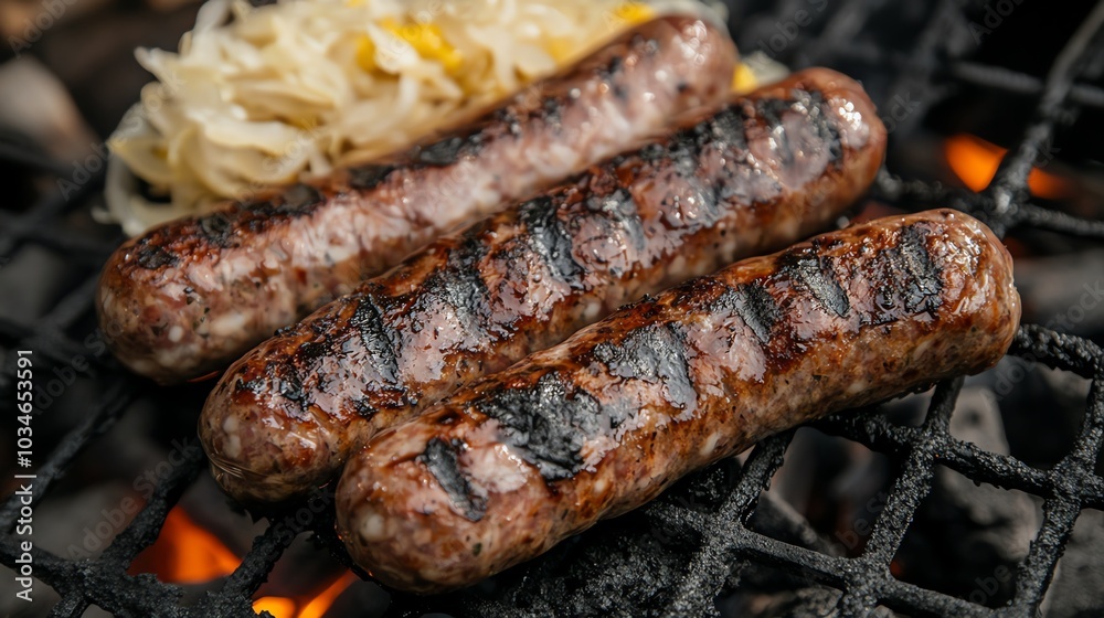 Organic beef sausage links on a grill with char marks, served with mustard and sauerkraut, organic beef sausage, BBQ essentials Organic beef sausage links on a grill with char marks, served with mustard and sauerkraut, organic beef sausage, BBQ essentials