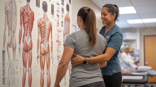 A physical therapist examines a patient's posture. They are both facing a large anatomical chart depicting the human muscular system.