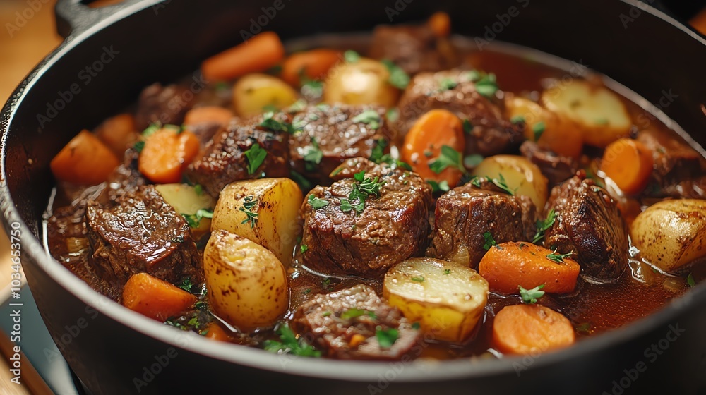 Organic beef stew with chunks of beef, carrots, potatoes, and fresh herbs, simmering in a cast iron pot, organic beef stew, homemade comfort Organic beef stew with chunks of beef, carrots, potatoes, and fresh herbs, simmering in a cast iron pot, organic beef stew, homemade comfort