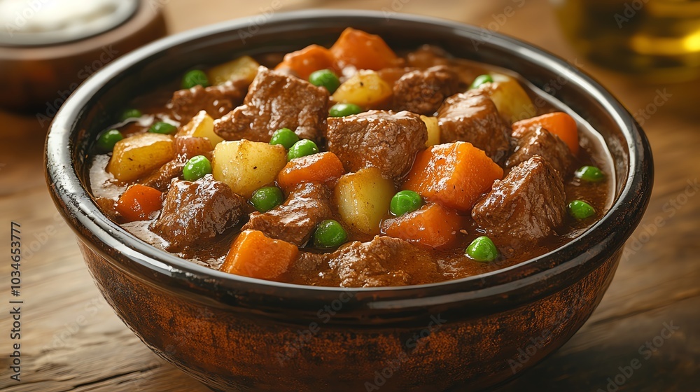 Organic beef stew with tender chunks of meat, carrots, potatoes, and peas, served in a rustic ceramic bowl, organic beef stew, slowcooked comfort Organic beef stew with tender chunks of meat, carrots, potatoes, and peas, served in a rustic ceramic bowl, organic beef stew, slowcooked comfort