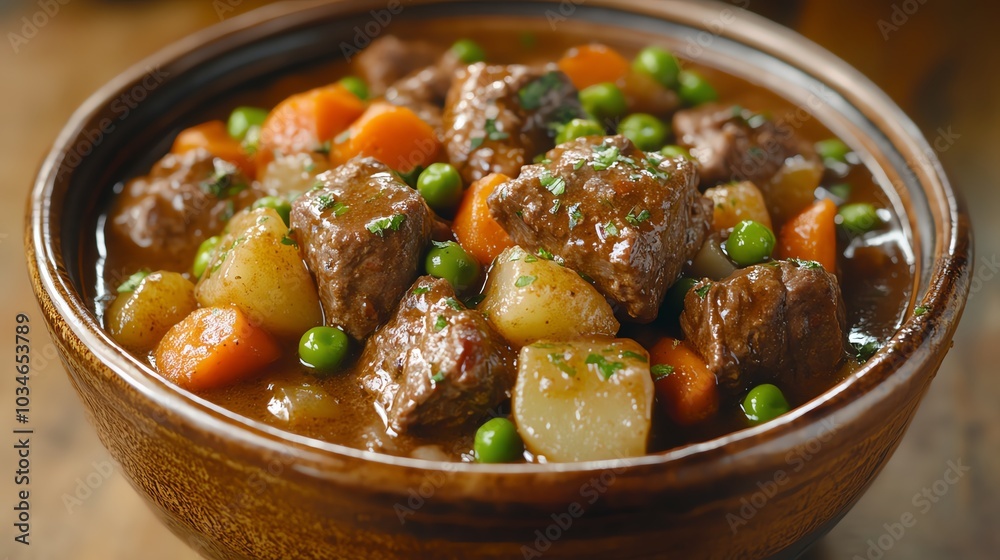 Organic beef stew with tender chunks of meat, carrots, potatoes, and peas, served in a rustic ceramic bowl, organic beef stew, slowcooked comfort Organic beef stew with tender chunks of meat, carrots, potatoes, and peas, served in a rustic ceramic bowl, organic beef stew, slowcooked comfort