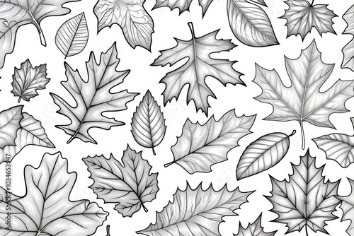 Coloring book illustration of a variety of autumn leaves with detailed designs featuring oak aspen maple viburnum and hawthorn photo