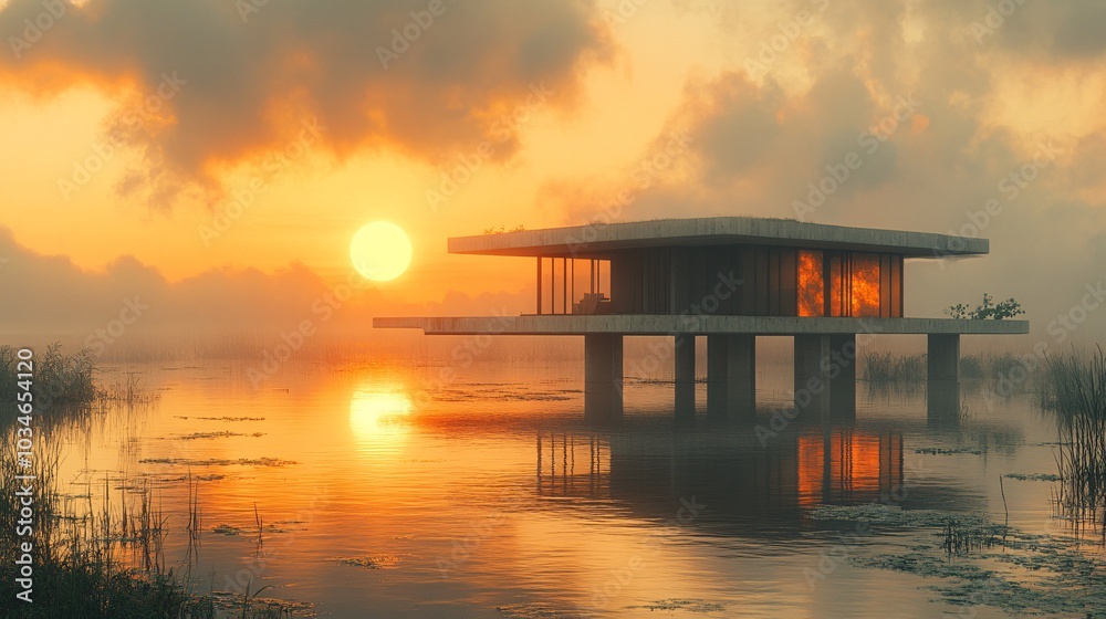 Fototapeta premium Modern House on Concrete Pillars at Sunset