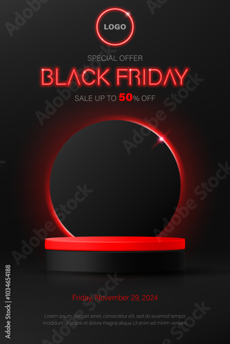 Black Friday Sale banner. Realistic 3d vector product display stage podium. Red ring neon light background. Special offer mega template, promotion discount, online shopping, advertising, social media