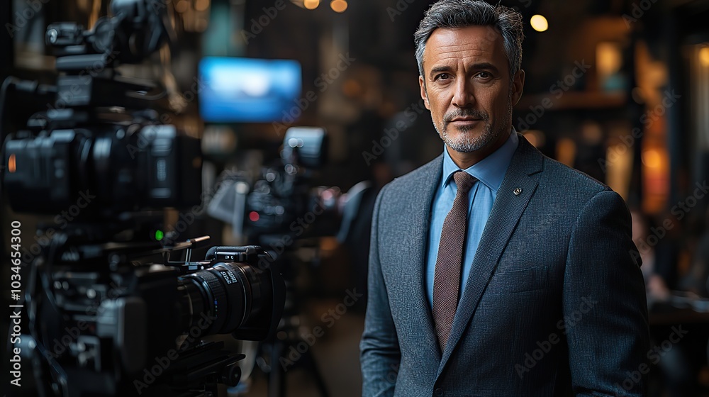confident man in formal attire stands as public speaker giving live televised speech in front of multiple cameras addressing urgent issues from crisis locations.stock image confident man in formal attire stands as public speaker giving live televised speech in front of multiple cameras addressing urgent issues from crisis locations.stock image