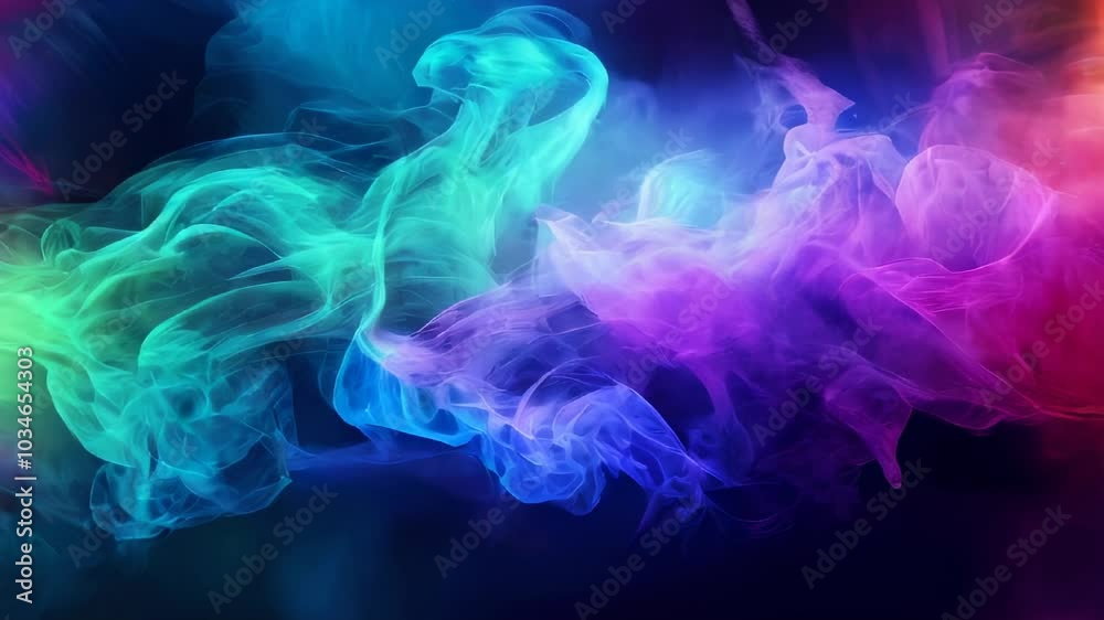 Bright, colorful smoke in shades of green, blue, and purple, swirling together against a dark background, creating an abstract and dreamy effect. Bright, colorful smoke in shades of green, blue, and purple, swirling together against a dark background, creating an abstract and dreamy effect.