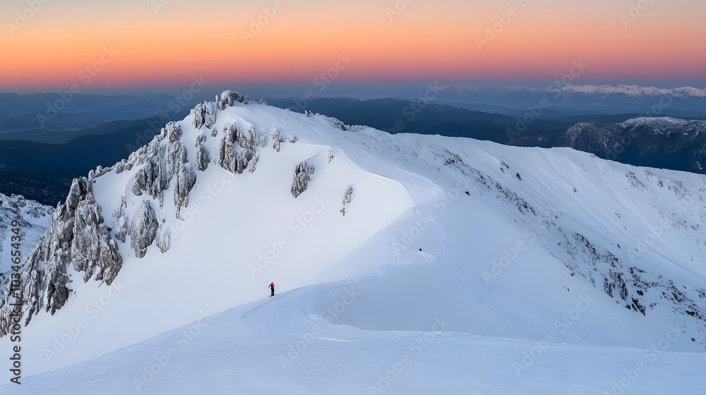 Obraz premium Snowy Mountain Peak at Sunset with Backcountry Skier