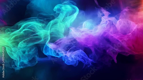 Bright, colorful smoke in shades of green, blue, and purple, swirling together against a dark background, creating an abstract and dreamy effect.