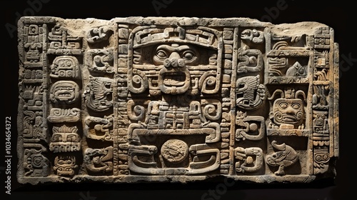 Intricate Mayan stone carving with detailed glyphs and a central figure with a fierce expression.